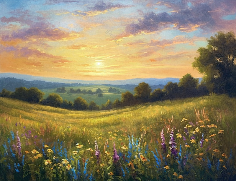 夏日阳光下的森林里平坦的草地上野花花簇小花,插画/手绘图,插画/手绘图库,插画/手绘图下载,插画/手绘